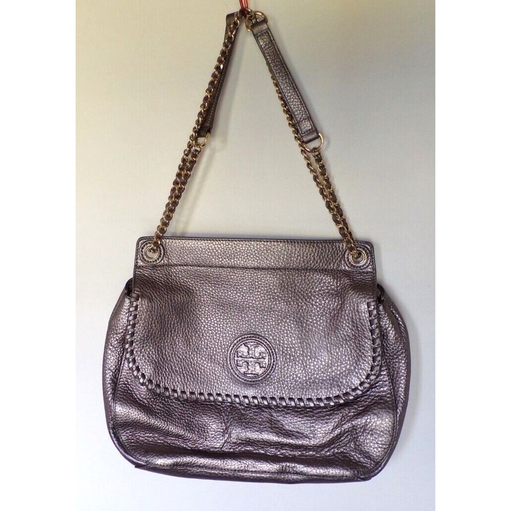 Tory Burch Marion Metallic Gray Silver Whipstitch Leather Saddle Bag w/Cover